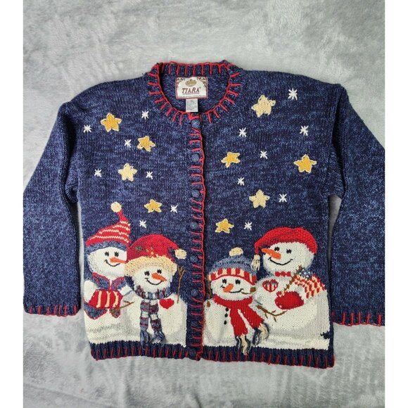 Tiara Sweaters - Tiara International Holiday Cardigan Sweater Womens L Blue Knit Snowman Teacher